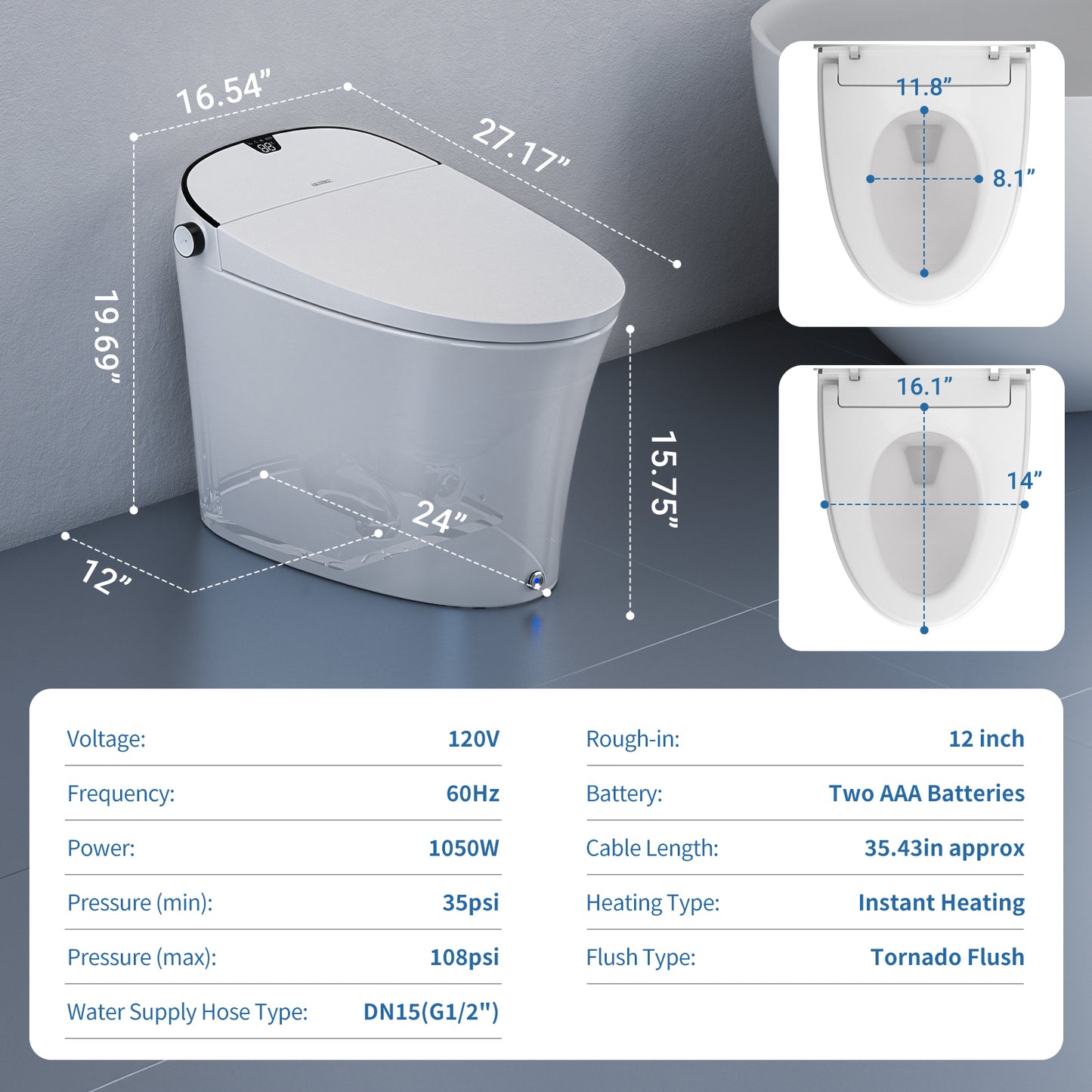 AKNIRL Y002S Smart Bidet Toilet with Built-in Tank, Powerful Flushing, Instant Warm Water, Heater Seat, Auto Deodorization, Air Dryer, Night Light,