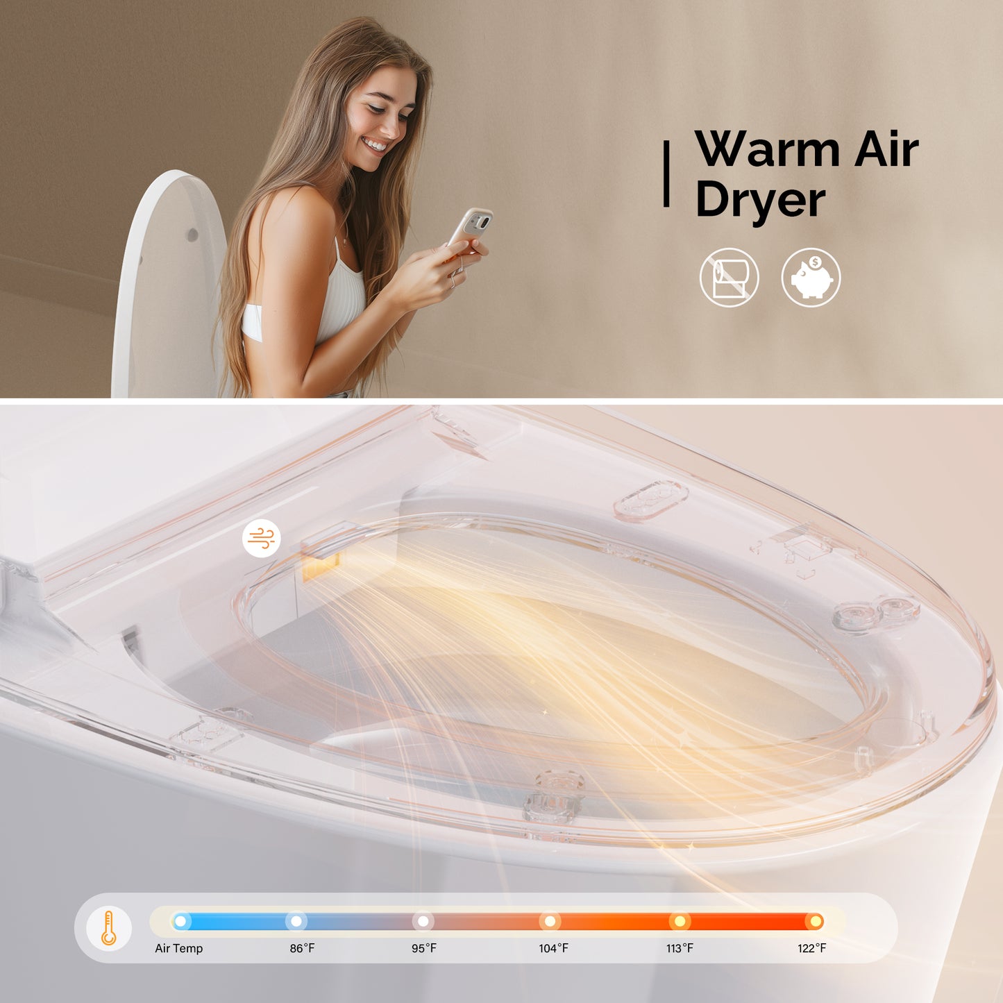 Smart Toilet with Bidet, Auto Open/Close Lid, Auto Sensor Flush, Elongated Heated Seat, Warm Water, Dryer,Hands-free Flush, White