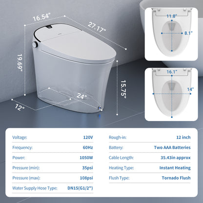 AKNIRL Y002S Smart Bidet Toilet with Built-in Tank, Powerful Flushing, Instant Warm Water, Heater Seat, Auto Deodorization, Air Dryer, Night Light,